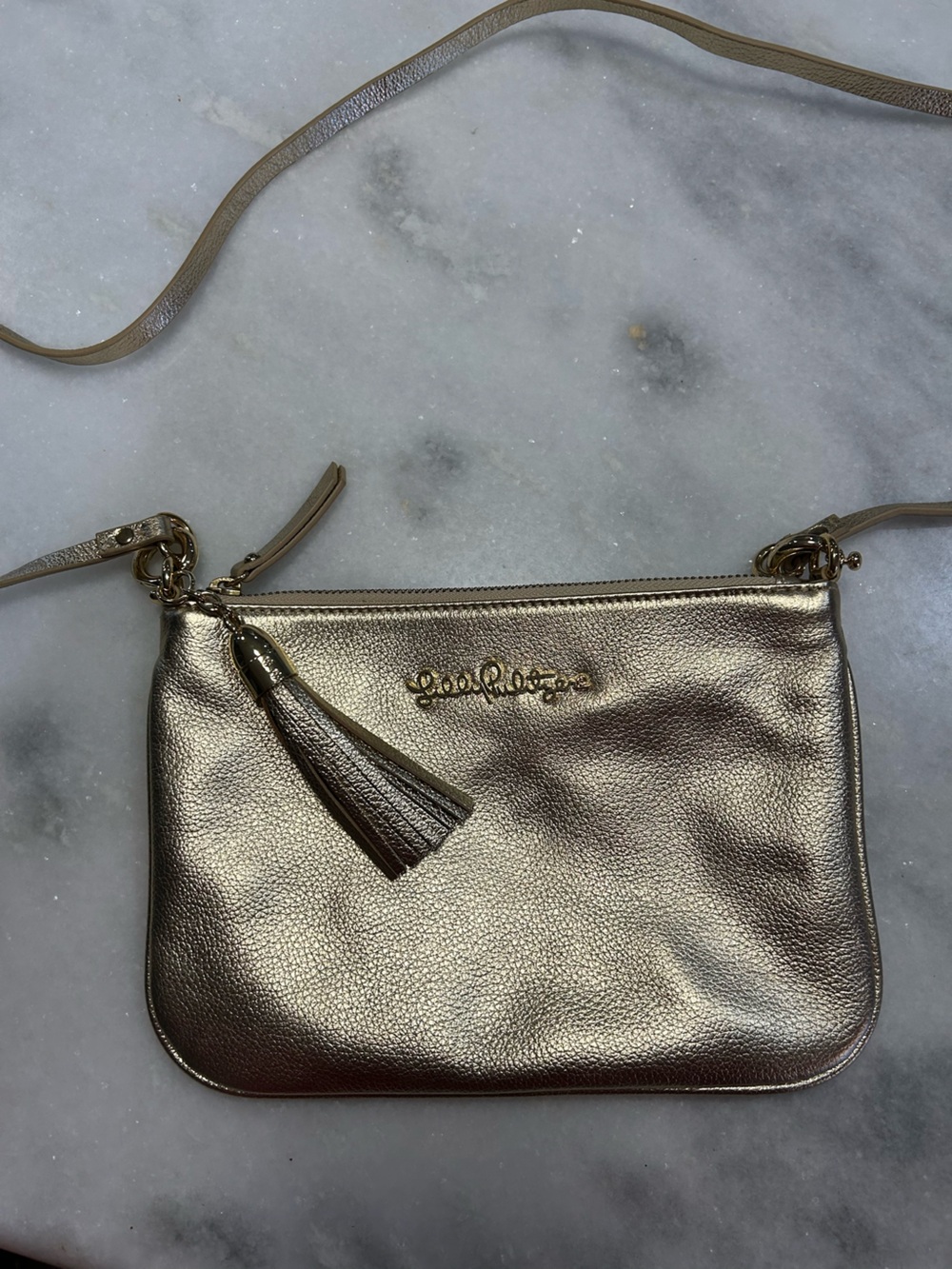Lilly Pulitzer Downtown Gold metallic leather crossbody bag, clutch New